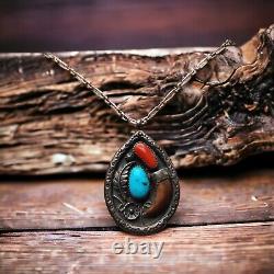 Artist Signed Southwestern Turquoise Coral Sterling Silver Pendant Necklace