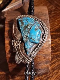 BIG Early Sterling Silver Turquoise Carved Indian Chief Bolo Tie Francisco Gomez