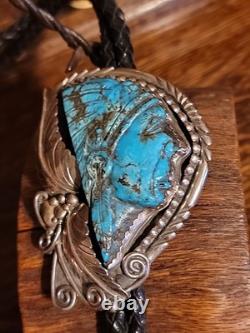 BIG Early Sterling Silver Turquoise Carved Indian Chief Bolo Tie Francisco Gomez