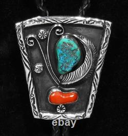 BIG OLD 70s Signed Navajo 925 Silver Kingman Turquoise Coral Lg Feather Bolo Tie