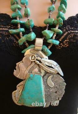 BUFFALO HUNTER' HUGE Early DAN NIETO Turquoise Sterling Pendant Necklace 237 gr