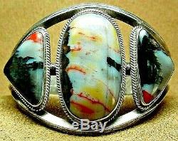 Big Early Old Pawn Navajo Sterling Silver Dramatic Petrified Wood Cuff Bracelet