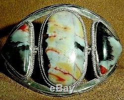 Big Early Old Pawn Navajo Sterling Silver Dramatic Petrified Wood Cuff Bracelet