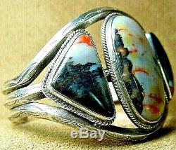 Big Early Old Pawn Navajo Sterling Silver Dramatic Petrified Wood Cuff Bracelet