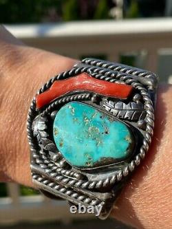 Bold Early Old Pawn Turquoise & Coral Native American Bracelet Rope Leaves Cuff