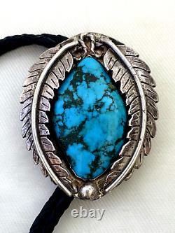 EARLY 1940s OLD PAWN NAVAJO STERLING SILVER NATURAL DEEP BLUE TURQUOISE BOLO TIE