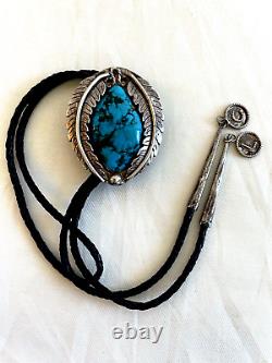 EARLY 1940s OLD PAWN NAVAJO STERLING SILVER NATURAL DEEP BLUE TURQUOISE BOLO TIE