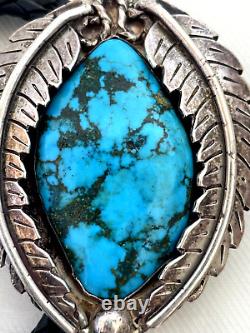 EARLY 1940s OLD PAWN NAVAJO STERLING SILVER NATURAL DEEP BLUE TURQUOISE BOLO TIE