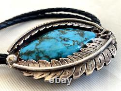 EARLY 1940s OLD PAWN NAVAJO STERLING SILVER NATURAL DEEP BLUE TURQUOISE BOLO TIE