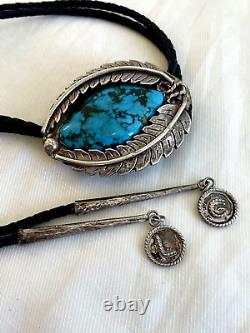 EARLY 1940s OLD PAWN NAVAJO STERLING SILVER NATURAL DEEP BLUE TURQUOISE BOLO TIE