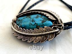 EARLY 1940s OLD PAWN NAVAJO STERLING SILVER NATURAL DEEP BLUE TURQUOISE BOLO TIE