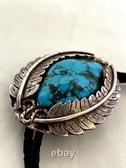 EARLY 1940s OLD PAWN NAVAJO STERLING SILVER NATURAL DEEP BLUE TURQUOISE BOLO TIE