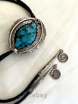 EARLY 1940s OLD PAWN NAVAJO STERLING SILVER NATURAL DEEP BLUE TURQUOISE BOLO TIE