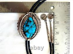 EARLY 1940s OLD PAWN NAVAJO STERLING SILVER NATURAL DEEP BLUE TURQUOISE BOLO TIE