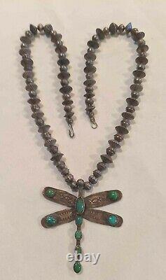 EARLY Antique NAVAJO DRAGONFLY Turquoise PENDANT Silver BEAD NECKLACE