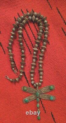 EARLY Antique NAVAJO DRAGONFLY Turquoise PENDANT Silver BEAD NECKLACE