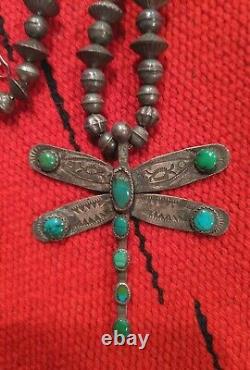 EARLY Antique NAVAJO DRAGONFLY Turquoise PENDANT Silver BEAD NECKLACE