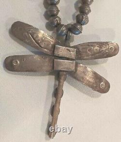 EARLY Antique NAVAJO DRAGONFLY Turquoise PENDANT Silver BEAD NECKLACE