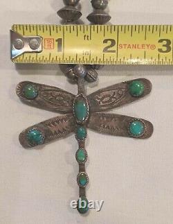 EARLY Antique NAVAJO DRAGONFLY Turquoise PENDANT Silver BEAD NECKLACE