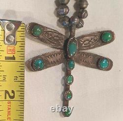 EARLY Antique NAVAJO DRAGONFLY Turquoise PENDANT Silver BEAD NECKLACE