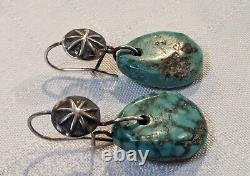 EARLY Antique NAVAJO TURQUOISE Green TAB EARRINGS with SILVER BUTTON EAR LOOPS