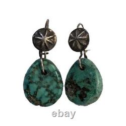 EARLY Antique NAVAJO TURQUOISE Green TAB EARRINGS with SILVER BUTTON EAR LOOPS