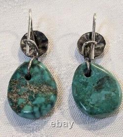 EARLY Antique NAVAJO TURQUOISE Green TAB EARRINGS with SILVER BUTTON EAR LOOPS