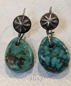 EARLY Antique NAVAJO TURQUOISE Green TAB EARRINGS with SILVER BUTTON EAR LOOPS