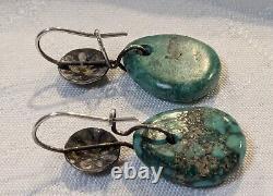 EARLY Antique NAVAJO TURQUOISE Green TAB EARRINGS with SILVER BUTTON EAR LOOPS