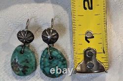 EARLY Antique NAVAJO TURQUOISE Green TAB EARRINGS with SILVER BUTTON EAR LOOPS