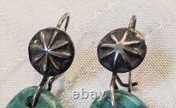 EARLY Antique NAVAJO TURQUOISE Green TAB EARRINGS with SILVER BUTTON EAR LOOPS
