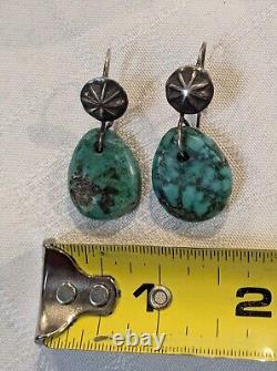 EARLY Antique NAVAJO TURQUOISE Green TAB EARRINGS with SILVER BUTTON EAR LOOPS