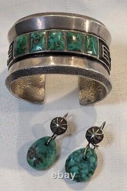 EARLY Antique NAVAJO TURQUOISE Green TAB EARRINGS with SILVER BUTTON EAR LOOPS