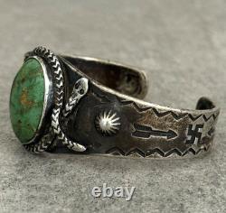 EARLY FRED HARVEY Navajo Turquoise RATTLESNAKE WHIRLING LOG Silver bracelet 47+g