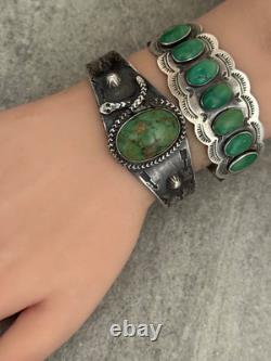 EARLY FRED HARVEY Navajo Turquoise RATTLESNAKE WHIRLING LOG Silver bracelet 47+g