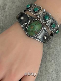 EARLY FRED HARVEY Navajo Turquoise RATTLESNAKE WHIRLING LOG Silver bracelet 47+g