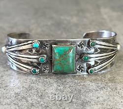 EARLY FRED HARVEY Navajo WHIRLING LOG EAGLE FEATHERS Turquoise Sterling Bracelet