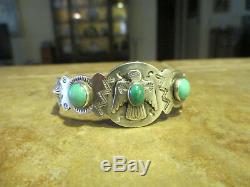 EARLY Fred Harvey Era Silver Turquoise Applied THUNDERBIRD WHIRLING LOG Bracelet