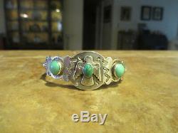 EARLY Fred Harvey Era Silver Turquoise Applied THUNDERBIRD WHIRLING LOG Bracelet