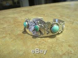 EARLY Fred Harvey Era Silver Turquoise Applied THUNDERBIRD WHIRLING LOG Bracelet