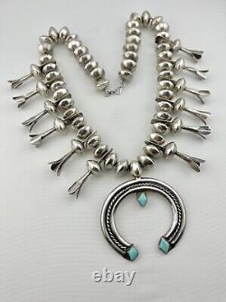 EARLY HAND TOOLED NAVAJO STERLING SILVER TURQUOISE SQUASH BLOSSOM NECKLACE 214g
