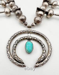EARLY HAND TOOLED NAVAJO STERLING SILVER TURQUOISE SQUASH BLOSSOM NECKLACE 364g