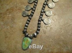 EARLY Hand Made Navajo Sterling Turquoise BUFFALO NICKEL Squash Blossom Necklace