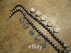 EARLY Hand Made Navajo Sterling Turquoise BUFFALO NICKEL Squash Blossom Necklace