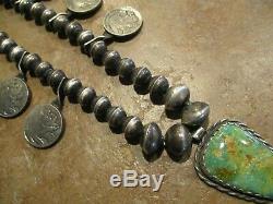 EARLY Hand Made Navajo Sterling Turquoise BUFFALO NICKEL Squash Blossom Necklace