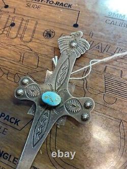 EARLY LARGE NAVAJO TURQUOISE LETTER OPENER Cross Shape w Eagle. Silver
