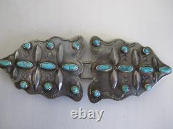 EARLY NATIVE AMERICAN NAVAJO TWO PIECE SILVER BELT BUCKLE With 20 TURQUOISE UNIQUE