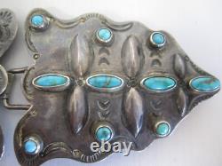 EARLY NATIVE AMERICAN NAVAJO TWO PIECE SILVER BELT BUCKLE With 20 TURQUOISE UNIQUE