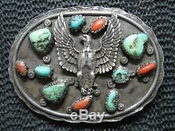 EARLY NATIVE STERLING SILVER TURQUOISE CORAL EAGLE BELT BUCKLE! VINTAGE! 82g