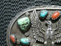 EARLY NATIVE STERLING SILVER TURQUOISE CORAL EAGLE BELT BUCKLE! VINTAGE! 82g